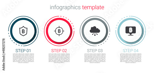 Set Shield with bitcoin, Bitcoin the target, Cryptocurrency cloud mining and . Business infographic template. Vector.