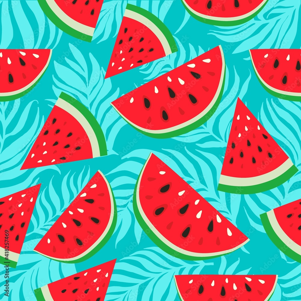 Watermelons with black and white seeds on palm dypsis leaves background. Seamless watermelons pattern. Background with red sweet watermelon slices. Cute seamless pattern with watermelons. Watermelons with black and white seeds on palm dypsis leaves background. Seamless watermelons pattern. Background with red sweet watermelon slices. Cute seamless pattern with watermelons.