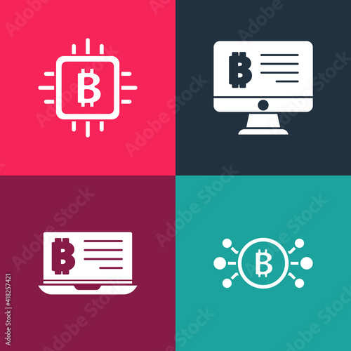 Set pop art Bitcoin in circuit, Mining bitcoin from laptop, monitor and CPU mining farm icon. Vector.