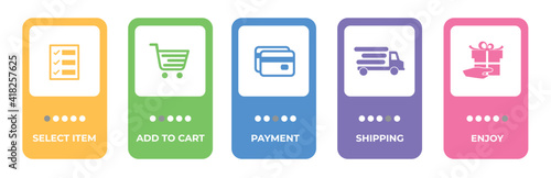 Concept of shopping process with 5 successive steps. Five colourful graphic elements. Timeline design for brochure, presentation, web site. Infographic vector design layout.