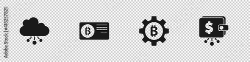 Set Cryptocurrency cloud mining, Credit card with bitcoin, Bitcoin and wallet icon. Vector.