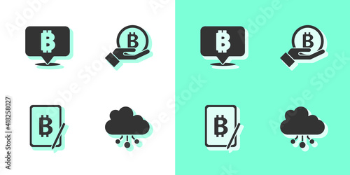 Set Cryptocurrency cloud mining, Bitcoin, Mining bitcoin from tablet and Hand holding icon. Vector.