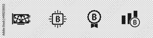 Set Video graphic card, CPU mining farm, Bitcoin and Pie chart infographic bitcoin icon. Vector.