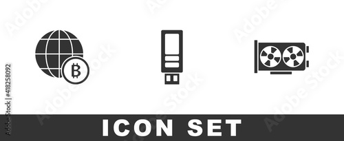 Set Globe Bitcoin, USB flash drive and Video graphic card icon. Vector.