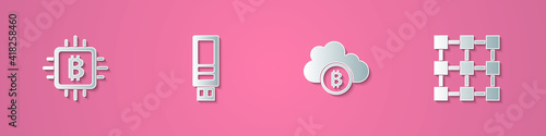 Set paper cut CPU mining farm, USB flash drive, Cryptocurrency cloud and Blockchain technology icon. Paper art style. Vector.