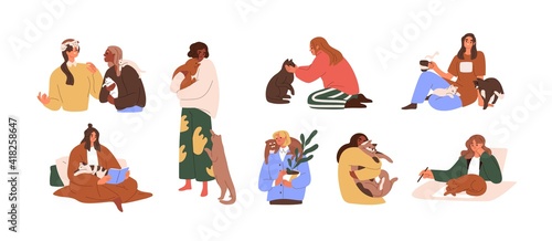 Set of women with domestic cats isolated on white background. Female pet owners resting and working with home animals. People spending time with cute kitties. Colored flat vector illustration