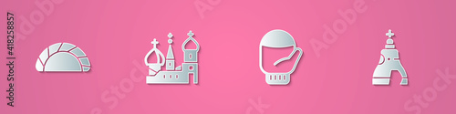 Set paper cut Dumpling, Saint Basil's Cathedral, Christmas mitten and The Tsar bell icon. Paper art style. Vector.