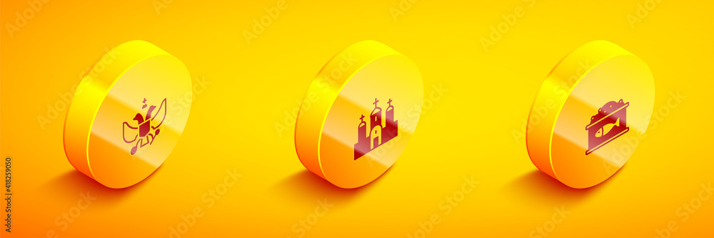 Set Isometric National emblem of Russia, Church building and Tin can with caviar icon. Vector.