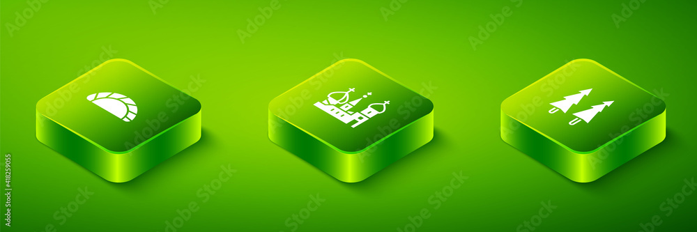 Set Isometric Saint Basil's Cathedral, Christmas tree and Dumpling icon. Vector.