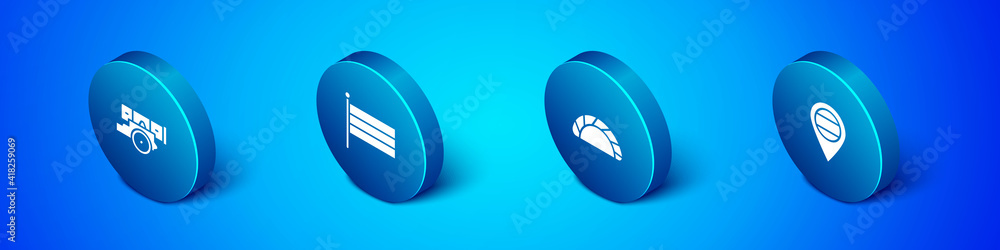 Set Isometric Cannon, Dumpling, Location Russia and National flag icon. Vector. Set Isometric Cannon, Dumpling, Location Russia and National flag icon. Vector.