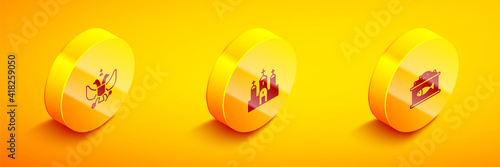 Set Isometric National emblem of Russia, Church building and Tin can with caviar icon. Vector.
