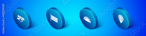 Set Isometric Cannon, Dumpling, Location Russia and National flag icon. Vector.