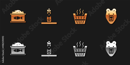 Set Tin can with caviar, Slavic pagan idol, Sauna bucket and Bear head icon. Vector.