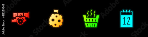Set Cannon, Moon with flag, Sauna bucket and Calendar 12 june icon. Vector.