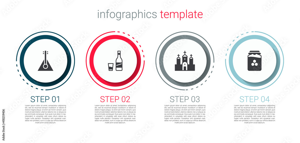 Set Balalaika, Bottle of vodka with glass, Church building and Jar honey. Business infographic template. Vector. Set Balalaika, Bottle of vodka with glass, Church building and Jar honey. Business infographic template. Vector.