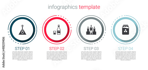 Set Balalaika, Bottle of vodka with glass, Church building and Jar honey. Business infographic template. Vector.