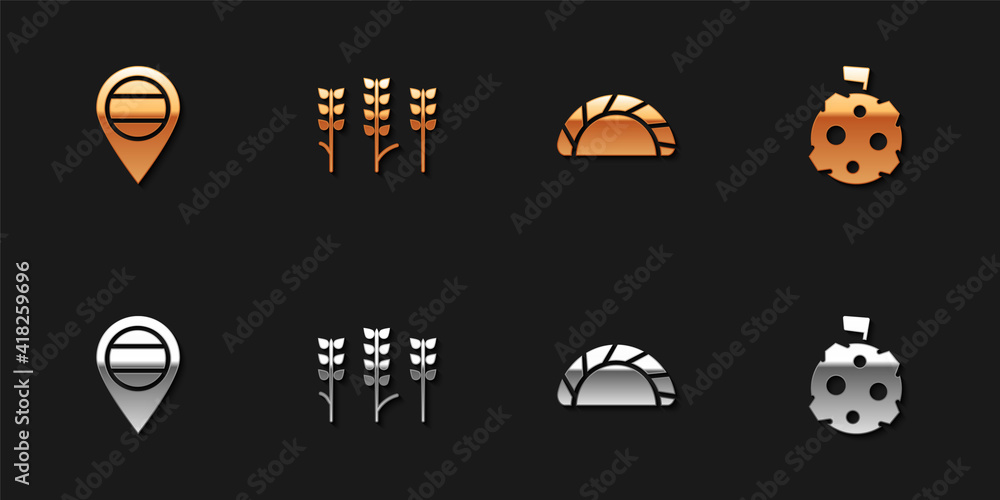 Set Location Russia, Wheat, Dumpling and Moon with flag icon. Vector. Set Location Russia, Wheat, Dumpling and Moon with flag icon. Vector.