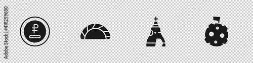 Set Rouble, ruble currency, Dumpling, The Tsar bell and Moon with flag icon. Vector.