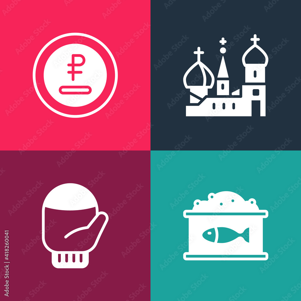 Set pop art Tin can with caviar, Christmas mitten, Saint Basil's Cathedral and Rouble, ruble currency icon. Vector. Set pop art Tin can with caviar, Christmas mitten, Saint Basil's Cathedral and Rouble, ruble currency icon. Vector.