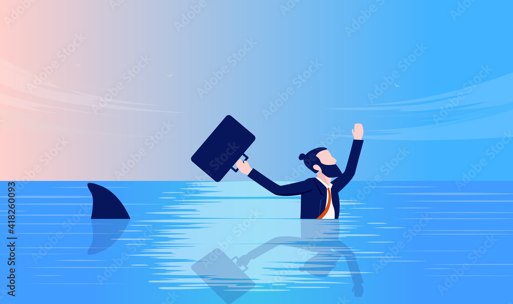 Fototapeta premium Businessman in danger - Man swimming in panic with shark in ocean. Business fear, trouble and crisis concept. Vector illustration.