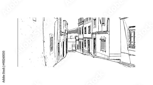 Building view with landmark of Faro is the capital of southern Portugal. Hand drawn sketch illustration in vector.