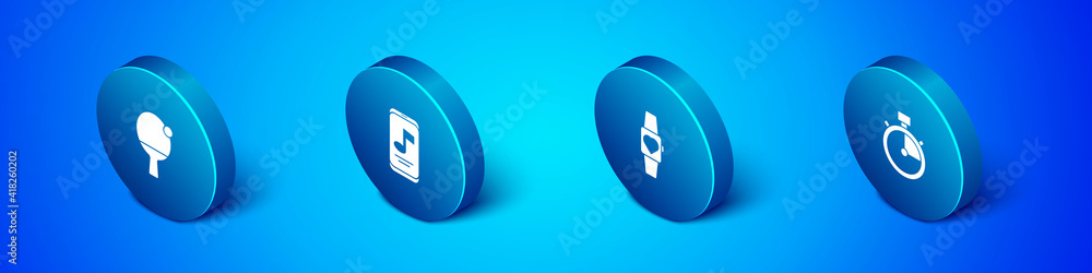 Set Isometric Racket and ball, Smartwatch, Stopwatch and Music player icon. Vector. Set Isometric Racket and ball, Smartwatch, Stopwatch and Music player icon. Vector.