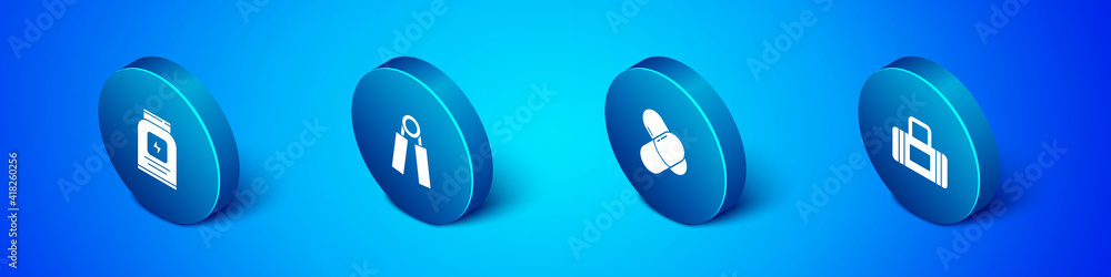 Set Isometric Sports nutrition, , bag and expander icon. Vector. Set Isometric Sports nutrition, , bag and expander icon. Vector.