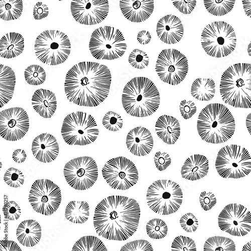 Mushrooms caps hand drawn linocut seamless vector pattern. Mushroom tidewater green colours for printing, fabric, textile, manufacturing, wallpapers. Linocut vector mushroom seamless pattern.