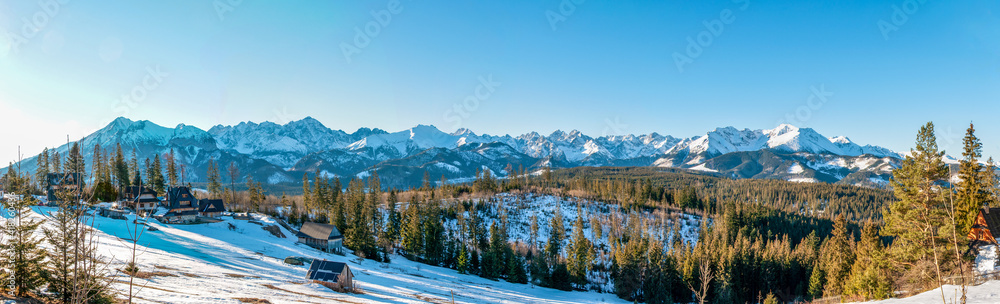 Winter panorama of Tatra Mountains at sunrise