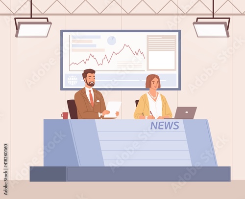 Scene with anchorman and anchorwoman reporting latest business news in TV studio. Announcers working in newsroom. Colored flat cartoon vector illustration of newscasters isolated on white background