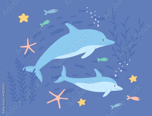 Underwater life of two cute dolphins in sea or ocean. Childish marine landsca...