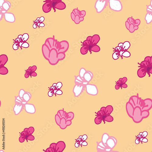 Vector pastel yellow background pink  purple white magnolia flowers  liberty  Seamless pattern background