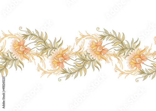 Seamless pattern, background with decorative flowers in art nouveau style, vintage, old, retro style. Vector illustration.