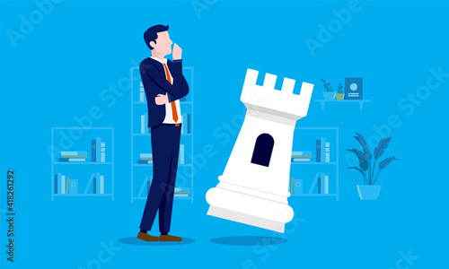 Strategic thinking - Businessman contemplating in front of chess piece with blue background. Business strategy concept. Vector illustration.