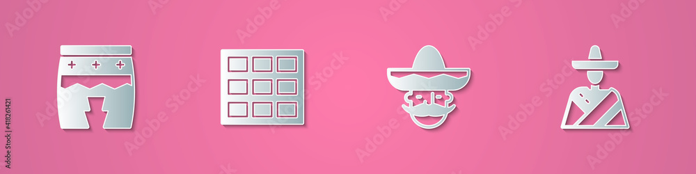 Set paper cut Huehuetl, Chocolate bar, Mexican man sombrero and icon. Paper art style. Vector. Set paper cut Huehuetl, Chocolate bar, Mexican man sombrero and icon. Paper art style. Vector.