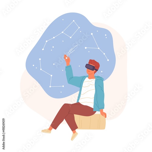 Person studying astronomy in virtual reality using VR headset. Modern educati...