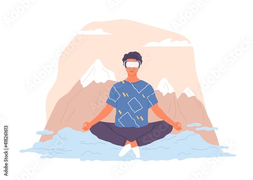 Person relaxing and meditating in virtual reality using VR headset. Modern guy sitting in nature simulation glasses. Colored flat vector illustration of cyberspace isolated on white background