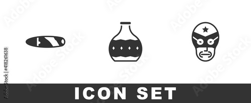 Set Cigar, Tequila bottle and Mexican wrestler icon. Vector.