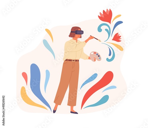 Person painting in virtual reality using VR headset. Modern artist in drawing simulation glasses. Colored flat cartoon vector illustration of woman creating in cyberspace isolated on white background