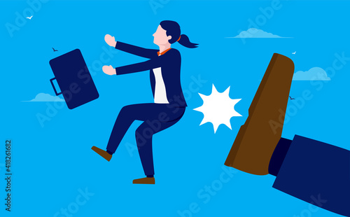 Woman getting fired - Businesswoman flying trough air after being kicked in the back. Unemployment and layoff concept. Vector illustration.