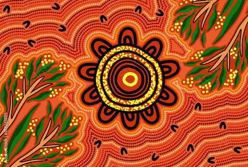 Aboriginal art background with wattle leaf
