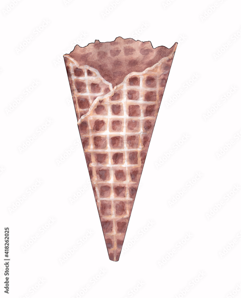 Isolated watercolor drawing of ice cream waffle cone on white background Isolated watercolor drawing of ice cream waffle cone on white background