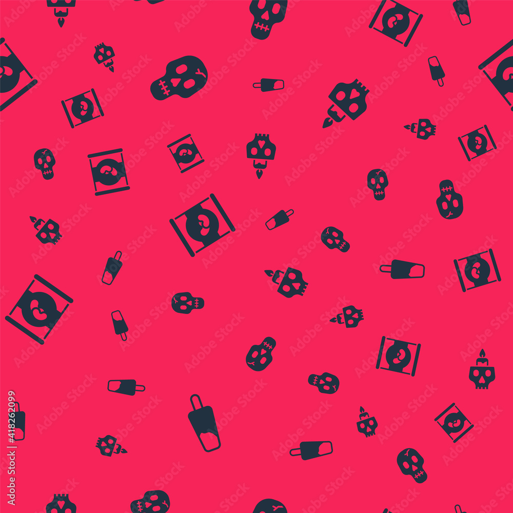 Set Popsicle ice cream, Skull, Beans in can and Burning candle on skull on seamless pattern. Vector. Set Popsicle ice cream, Skull, Beans in can and Burning candle on skull on seamless pattern. Vector.