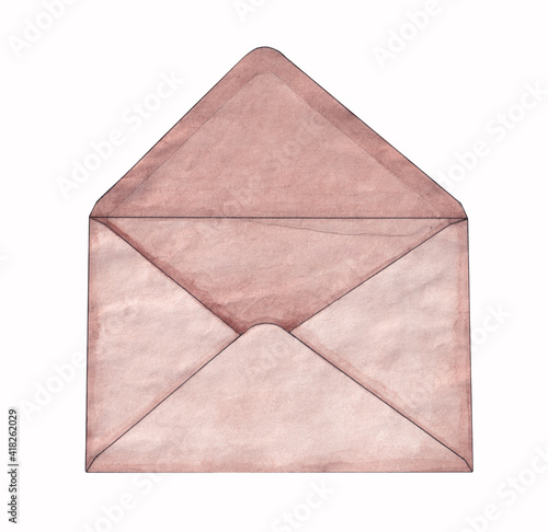 Isolated watercolor drawing of brown open envelope on white background