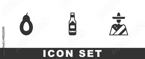 Set Avocado, Tabasco sauce and Mexican man sombrero icon. Vector.