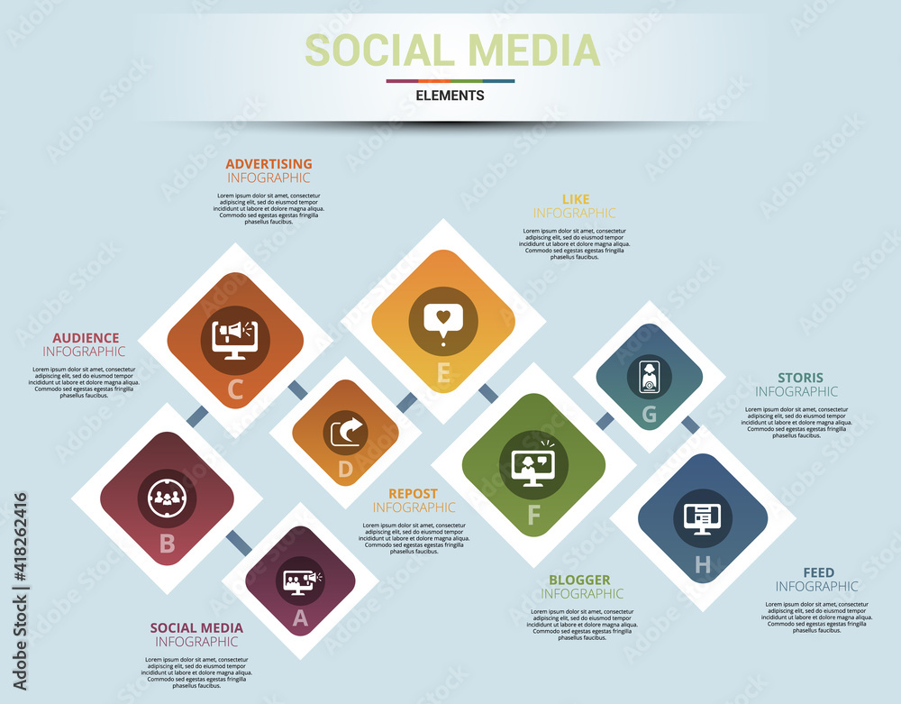 Infographic Social Media template. Icons in different colors. Include Like, Audience, Boosted Post, Feed and others.
