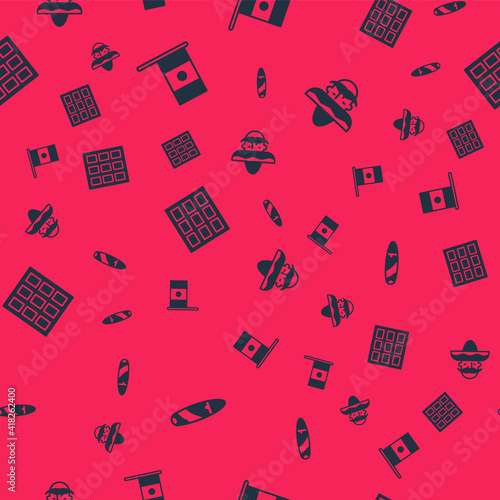 Set Cigar, Mexico flag, Chocolate bar and Mexican man sombrero on seamless pattern. Vector.