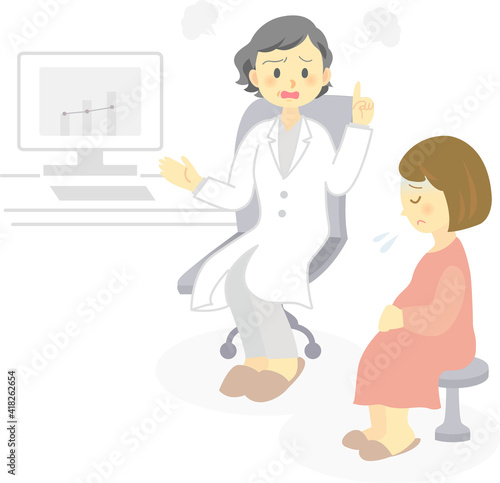 イラスト素材: 診察室でベテラン女性医師から説明を受けるスカートを履いた妊婦　憤怒　人物　医療

