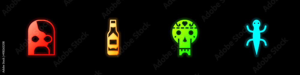 Set Mexican wrestler, Tabasco sauce, skull and Lizard icon. Vector. Set Mexican wrestler, Tabasco sauce, skull and Lizard icon. Vector.