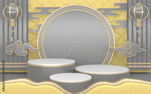 Yellow and gray japanese podium concept. 3D rendering
